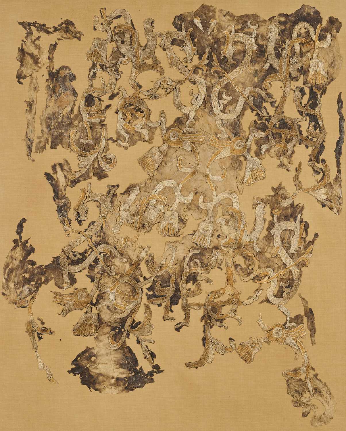 Lot 40 - A LARGE AND RARE CHINESE EMBROIDERED SILK FRAGMENT, POSSIBLY WARRING STATES PERIOD (475-221BC)