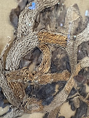 Lot 40 - A LARGE AND RARE CHINESE EMBROIDERED SILK FRAGMENT, POSSIBLY WARRING STATES PERIOD (475-221BC)