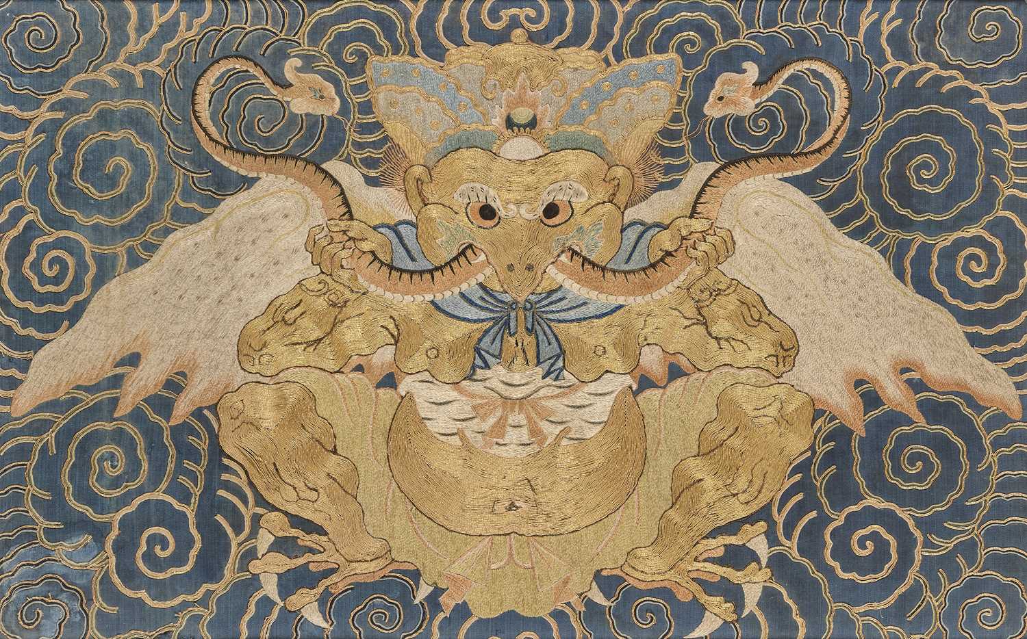 Lot 41 - A CHINESE EMBROIDERED SILK 'GARUDA' PANEL, MING DYNASTY, 14/15TH CENTURY