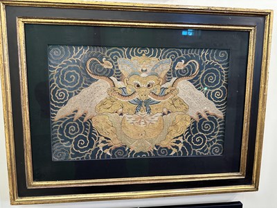 Lot 41 - A CHINESE EMBROIDERED SILK 'GARUDA' PANEL, MING DYNASTY, 14/15TH CENTURY