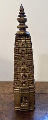 Lot 140 - A PALA GILT WOOD MODEL OF THE MAHABODHI SHRINE, BODH GAYA, INDIA, CIRCA 11TH CENTURY