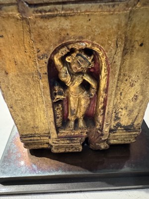Lot 140 - A PALA GILT WOOD MODEL OF THE MAHABODHI SHRINE, BODH GAYA, INDIA, CIRCA 11TH CENTURY