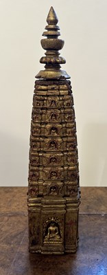 Lot 140 - A PALA GILT WOOD MODEL OF THE MAHABODHI SHRINE, BODH GAYA, INDIA, CIRCA 11TH CENTURY