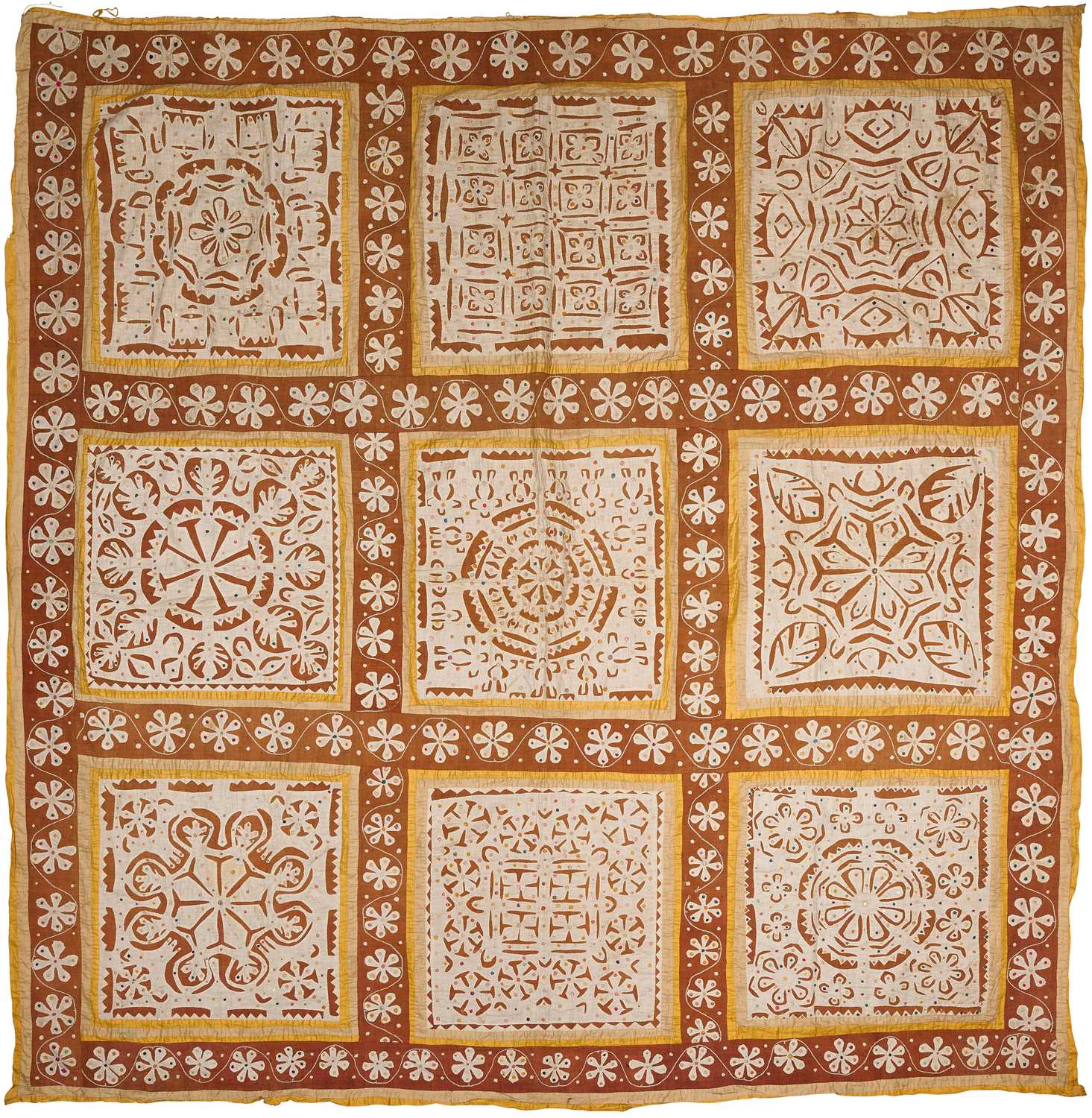 Lot 122 - A COTTON AND SILK APPLIQUE COVER, GUJARAT, WESTERN INDIA, 20TH CENTURY