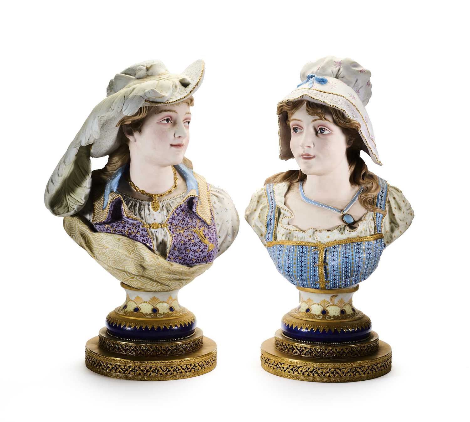 Lot 29 - A PAIR OF LARGE FRENCH TINTED BISCUIT FEMALE BUSTS, LATE 19TH CENTURY