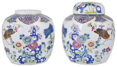 Lot 247 - A PAIR OF CHINESE PORCELAIN GINGER JARS AND ONE COVER