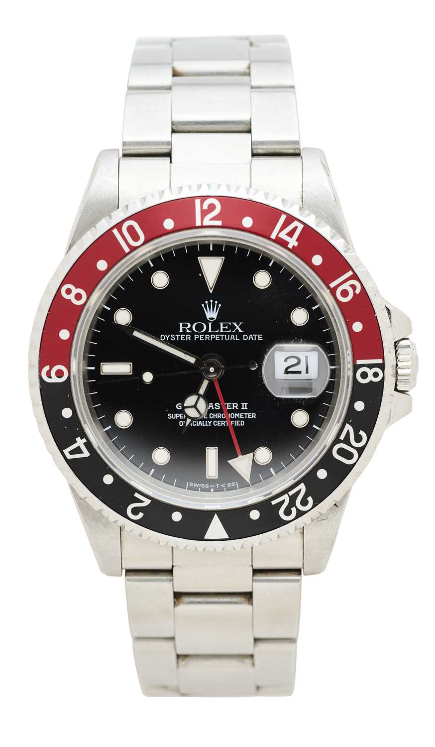 Lot 518 - ROLEX, GMT MASTER II, REF.16710: GENTLEMAN'S STAINLESS STEEL BRACELET WATCH, CIRCA 1994