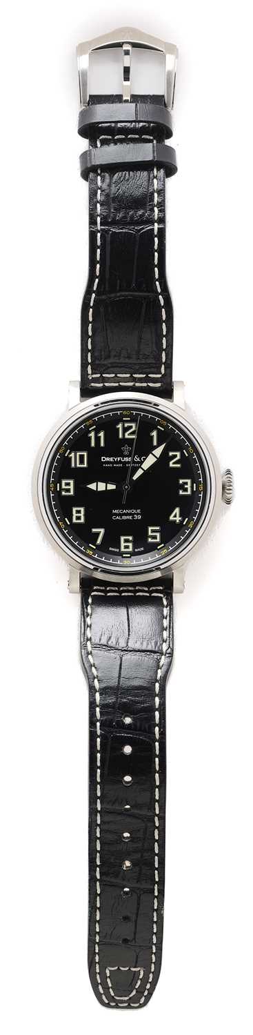Lot 515 - DREYFUSS & CO., MECANIQUE, SERIES 1924 CALIBRE 39 LIMITED EDITION, REF.DGS00164/19: GENTLEMAN'S STAINLESS STEEL 'AVIATOR' WRISTWATCH, CIRCA 2016