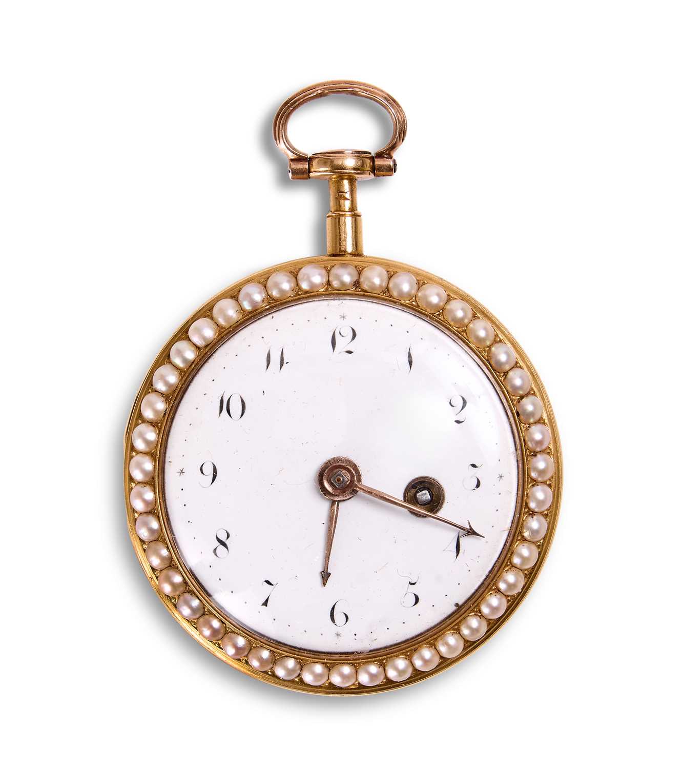 Lot 501 - GOLD, ENAMEL AND SPLIT PEARL POCKET WATCH, CIRCA 1790