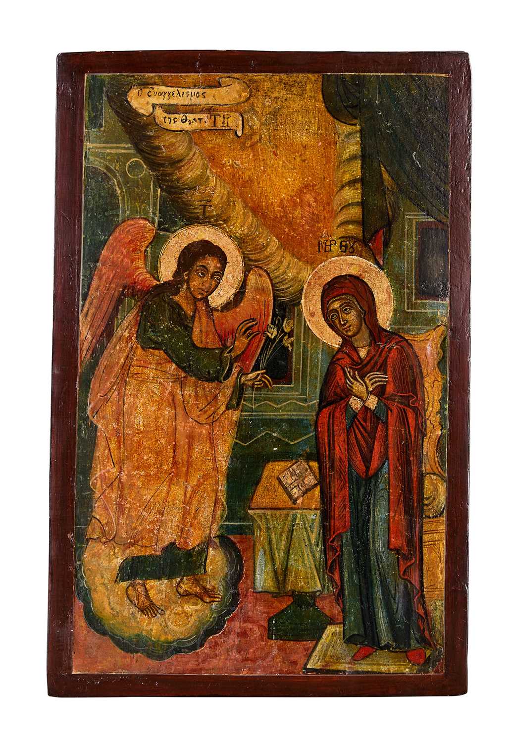Lot 54 - AN ICON OF THE ANNUNCIATION, GREEK VILLAGE SCHOOL, 19TH CENTURY