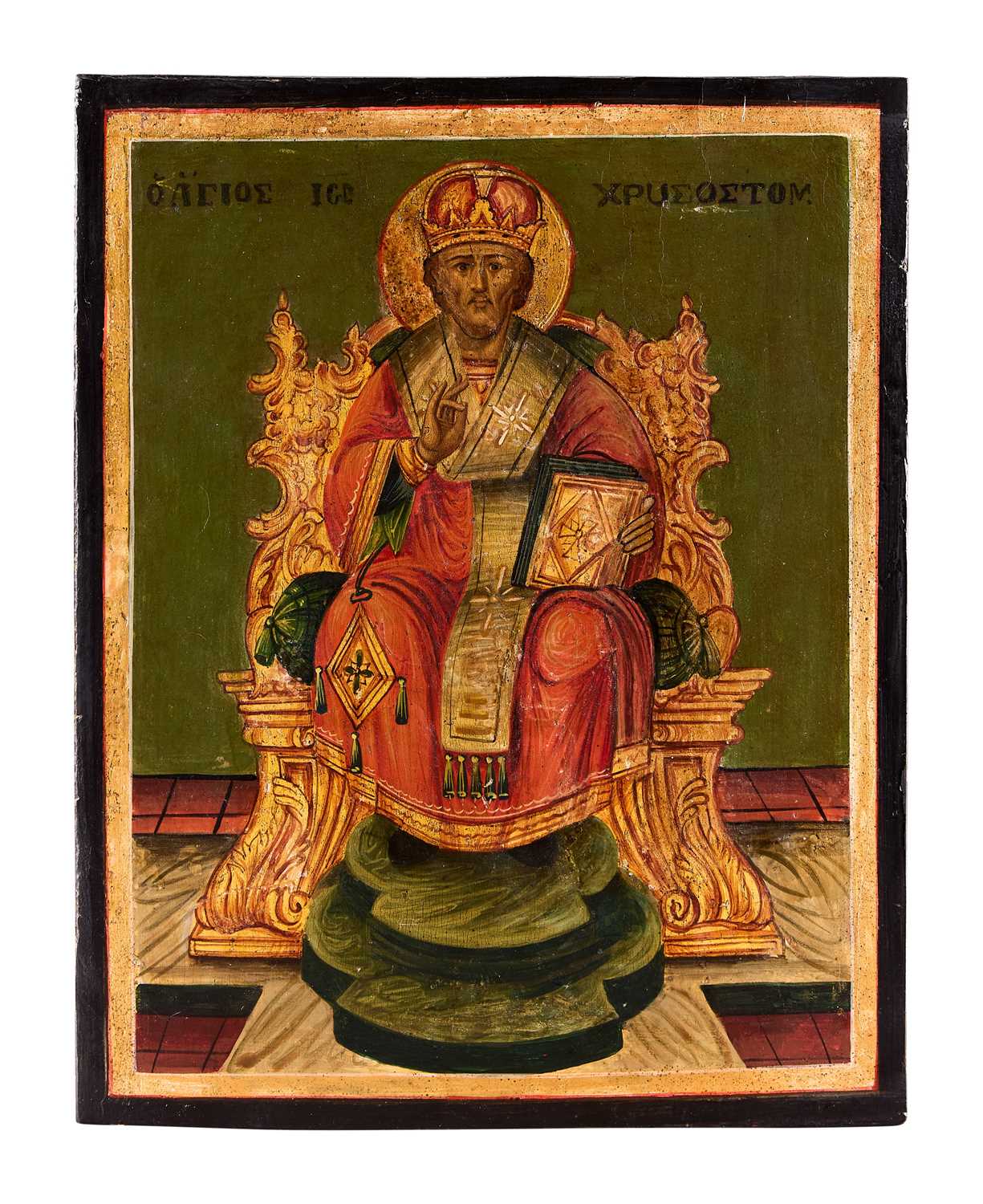 Lot 47 - AN ICON OF ST JOHN CHRYSOSTOM, GREEK ISLAND SCHOOL, 18TH CENTURY