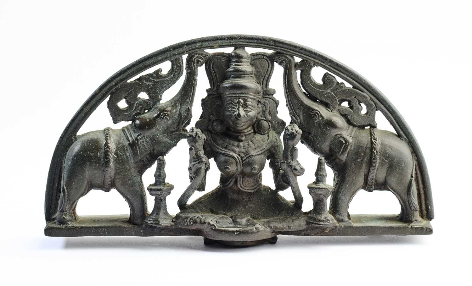 Lot 41 - A BRONZE ELEMENT PROBABLY FROM A HANGING LAMP, KERALA, SOUTH INDIA, CIRCA 18TH CENTURY