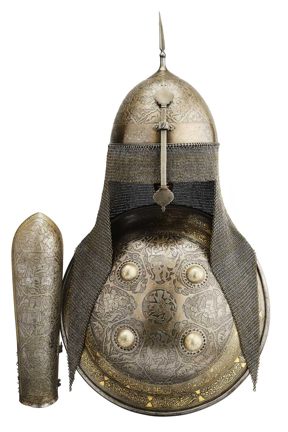 Lot 22 - A FINE PERSIAN KULAH KHUD, DHAL AND BAZU BAND, QAJAR, 19TH CENTURY