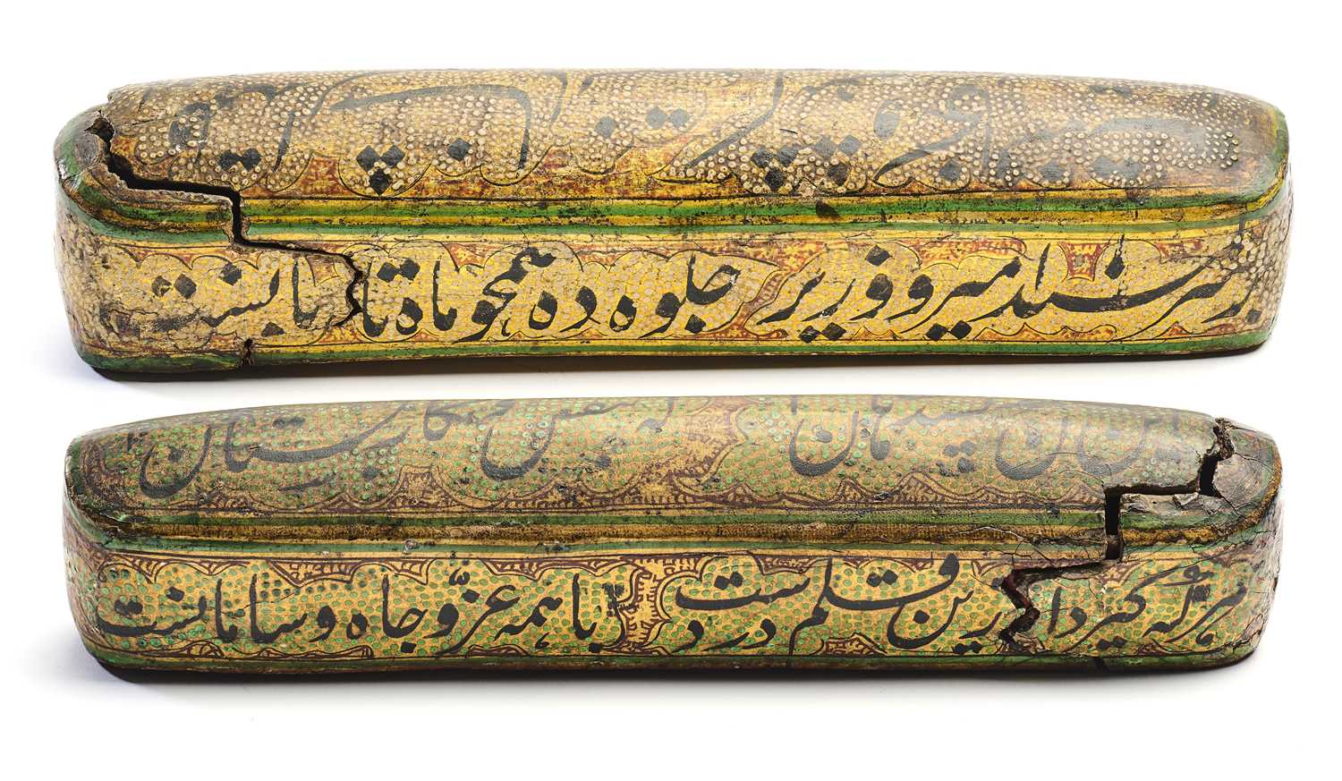 Lot 211 - TWO KASHMIR PAPIER MACHE PEN BOXES, 19TH CENTURY