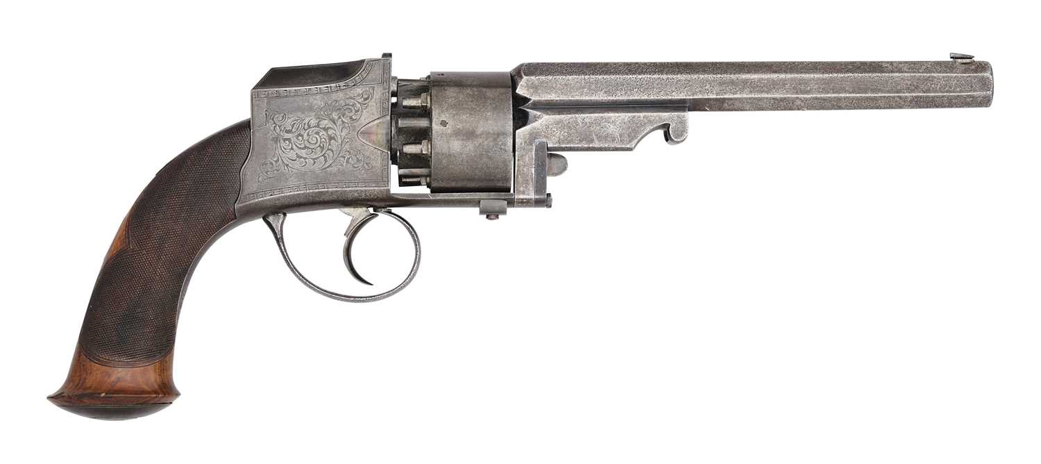 Lot 434 - A VERY RARE 54 BORE PERCUSSION PENNELL PATENT ‘HAMMERLESS’ SELF-COCKING SIX-SHOT BELT REVOLVER