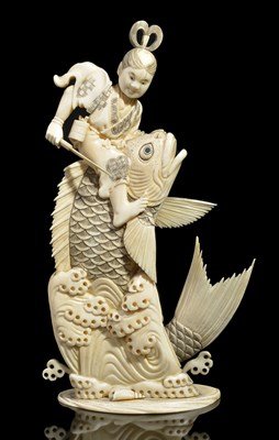 Lot 265 - ~A JAPANESE IVORY OKIMONO OF KINTARO FIGHTING THE GIANT CARP