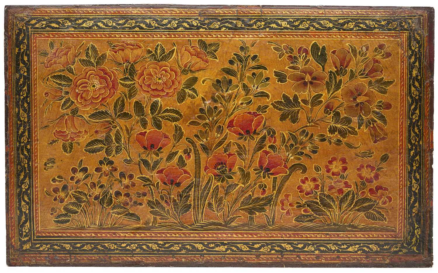 Lot 309 - A LARGE LACQUERED PAPIER MACHE DECORATED BOOK COVER, PERSIA OR INDIA, 18TH/19TH CENTURY