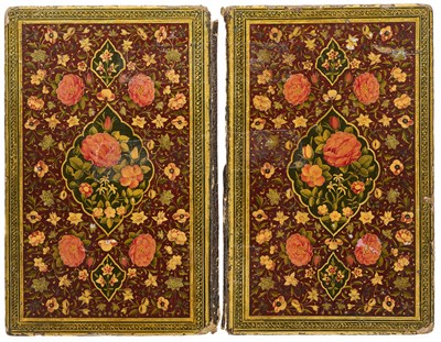 Lot 14 - A PAIR OF QAJAR LACQUERED PAPIER MACHE BOOK COVERS, PERSIA, 19TH CENTURY