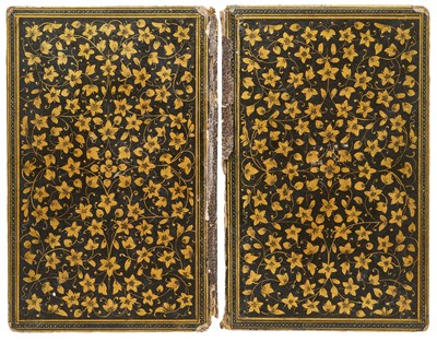 Lot 14 - A PAIR OF QAJAR LACQUERED PAPIER MACHE BOOK COVERS, PERSIA, 19TH CENTURY
