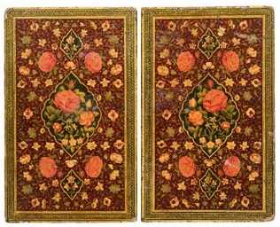 Lot 14 - A PAIR OF QAJAR LACQUERED PAPIER MACHE BOOK COVERS, PERSIA, 19TH CENTURY