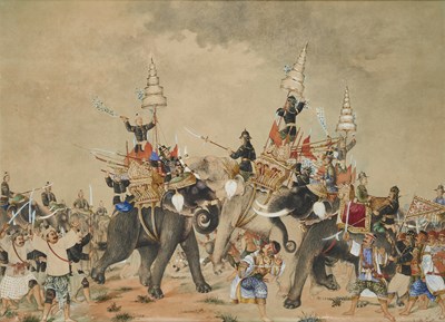 Lot 60 - A LARGE DEPICTION OF A BATTLE BETWEEN BURMESE AND SIAMESE ARMIES, THAI, CIRCA 1900