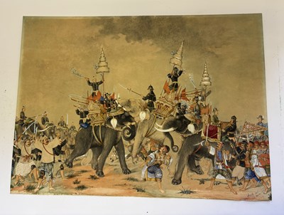 Lot 60 - A LARGE DEPICTION OF A BATTLE BETWEEN BURMESE AND SIAMESE ARMIES, THAI, CIRCA 1900