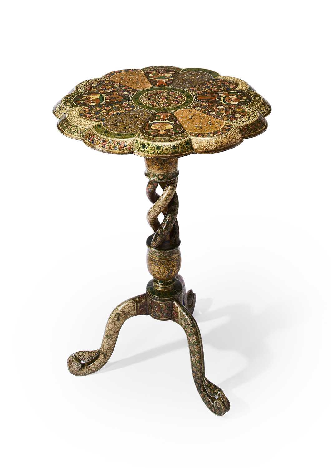 Lot 212 - A KASHMIR POLYCHROME PAINTED AND LACQUERED WOOD TRIPOD TABLE, CIRCA 1880