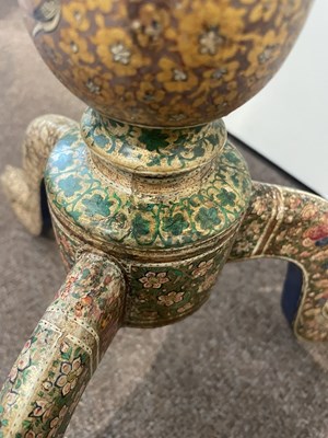 Lot 212 - A KASHMIR POLYCHROME PAINTED AND LACQUERED WOOD TRIPOD TABLE, CIRCA 1880