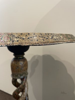 Lot 212 - A KASHMIR POLYCHROME PAINTED AND LACQUERED WOOD TRIPOD TABLE, CIRCA 1880