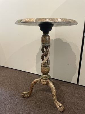 Lot 212 - A KASHMIR POLYCHROME PAINTED AND LACQUERED WOOD TRIPOD TABLE, CIRCA 1880