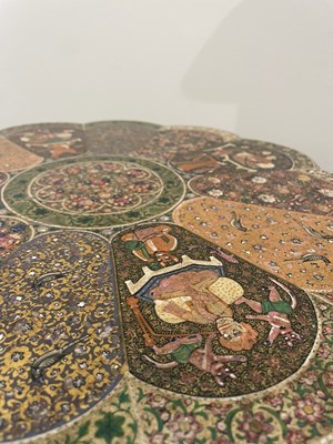 Lot 212 - A KASHMIR POLYCHROME PAINTED AND LACQUERED WOOD TRIPOD TABLE, CIRCA 1880