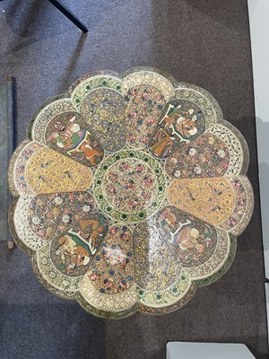 Lot 212 - A KASHMIR POLYCHROME PAINTED AND LACQUERED WOOD TRIPOD TABLE, CIRCA 1880