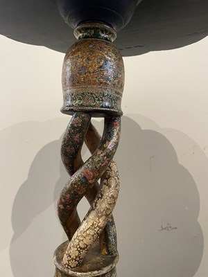 Lot 212 - A KASHMIR POLYCHROME PAINTED AND LACQUERED WOOD TRIPOD TABLE, CIRCA 1880