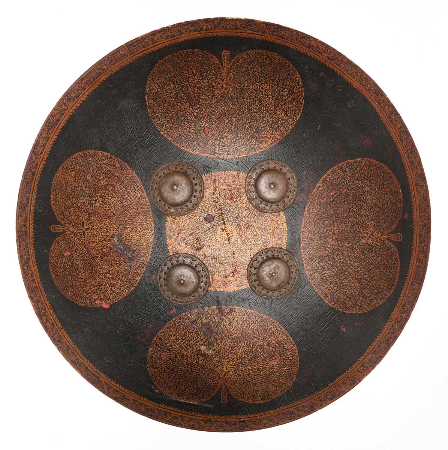 Lot 128 - AN HIDE SHIELD (DHAL), NORTHERN INDIA, 19TH CENTURY