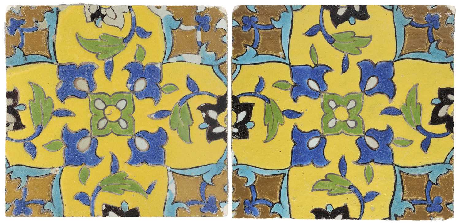 Lot 134 - TWO CUERDA SECA TILES, SAFAVID OR ZAND, PERSIA, 17TH/18TH CENTURY