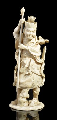 Lot 274 - ~A JAPANESE IVORY OKIMONO OF A WARRIOR WITH BIRDS