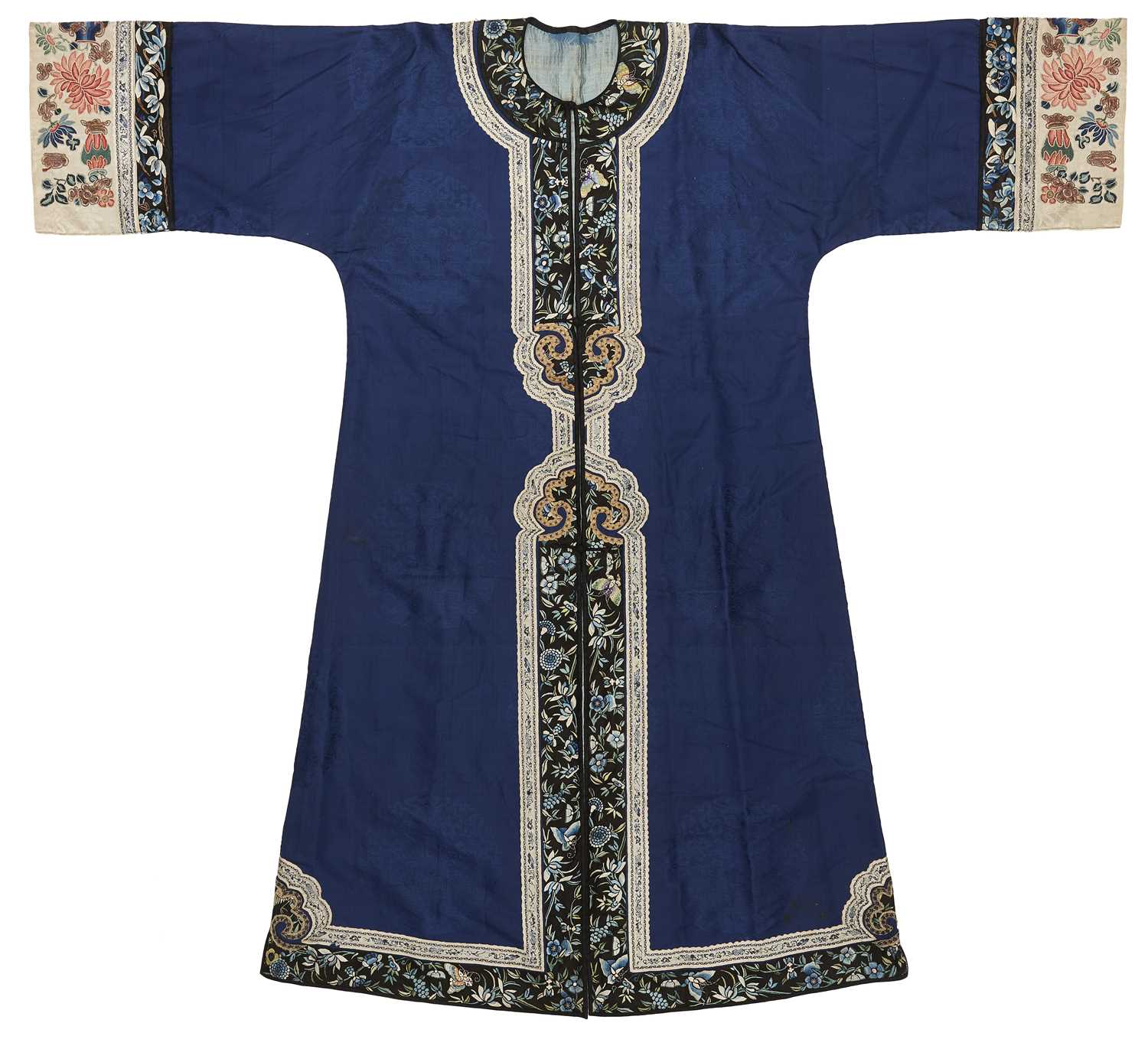 Lot 57 - A CHINESE WOMAN'S SILK EMBROIDERED BLUE-GROUND ROBE, CHANGYI, QING DYNASTY, LATER 19TH CENTURY