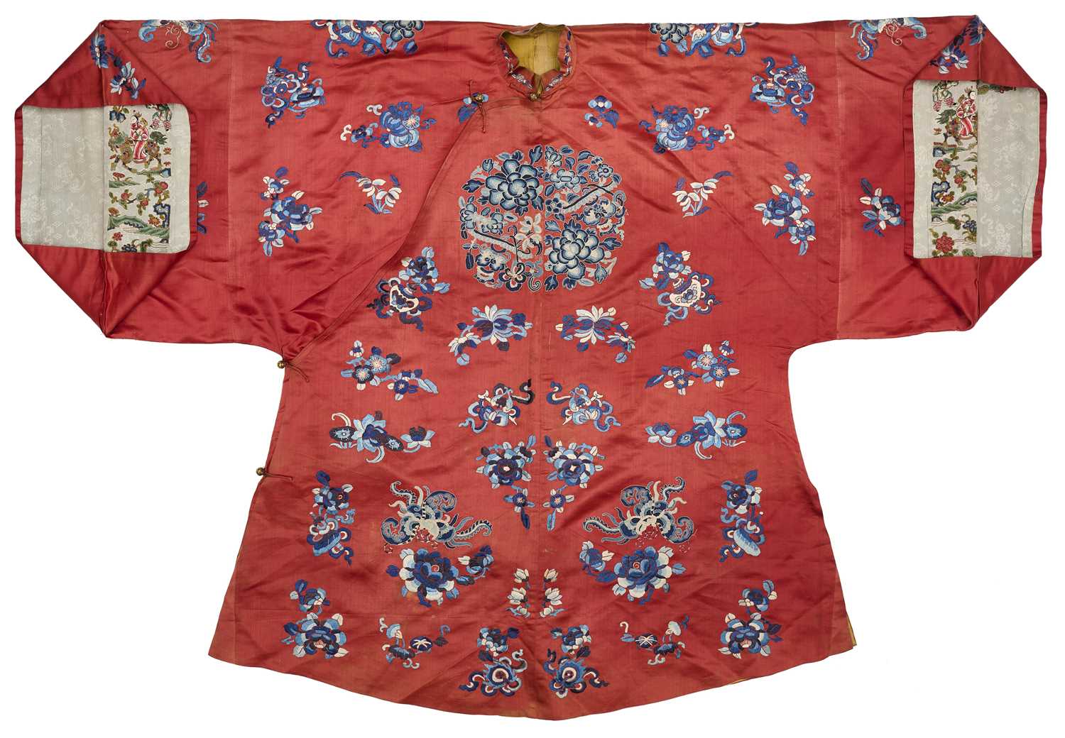 Lot 56 - A CHINESE WOMAN'S SILK EMBROIDERED RED-GROUND ROBE, CHANGYI, QING DYNASTY, LATER 19TH CENTURY