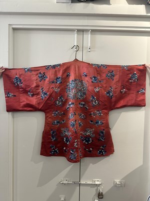 Lot 56 - A CHINESE WOMAN'S SILK EMBROIDERED RED-GROUND ROBE, CHANGYI, QING DYNASTY, LATER 19TH CENTURY