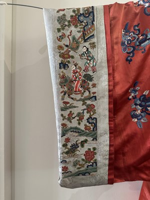 Lot 56 - A CHINESE WOMAN'S SILK EMBROIDERED RED-GROUND ROBE, CHANGYI, QING DYNASTY, LATER 19TH CENTURY