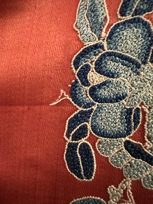 Lot 56 - A CHINESE WOMAN'S SILK EMBROIDERED RED-GROUND ROBE, CHANGYI, QING DYNASTY, LATER 19TH CENTURY