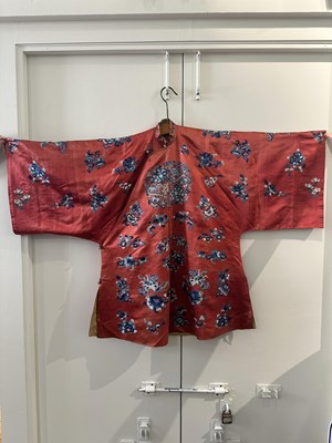 Lot 56 - A CHINESE WOMAN'S SILK EMBROIDERED RED-GROUND ROBE, CHANGYI, QING DYNASTY, LATER 19TH CENTURY