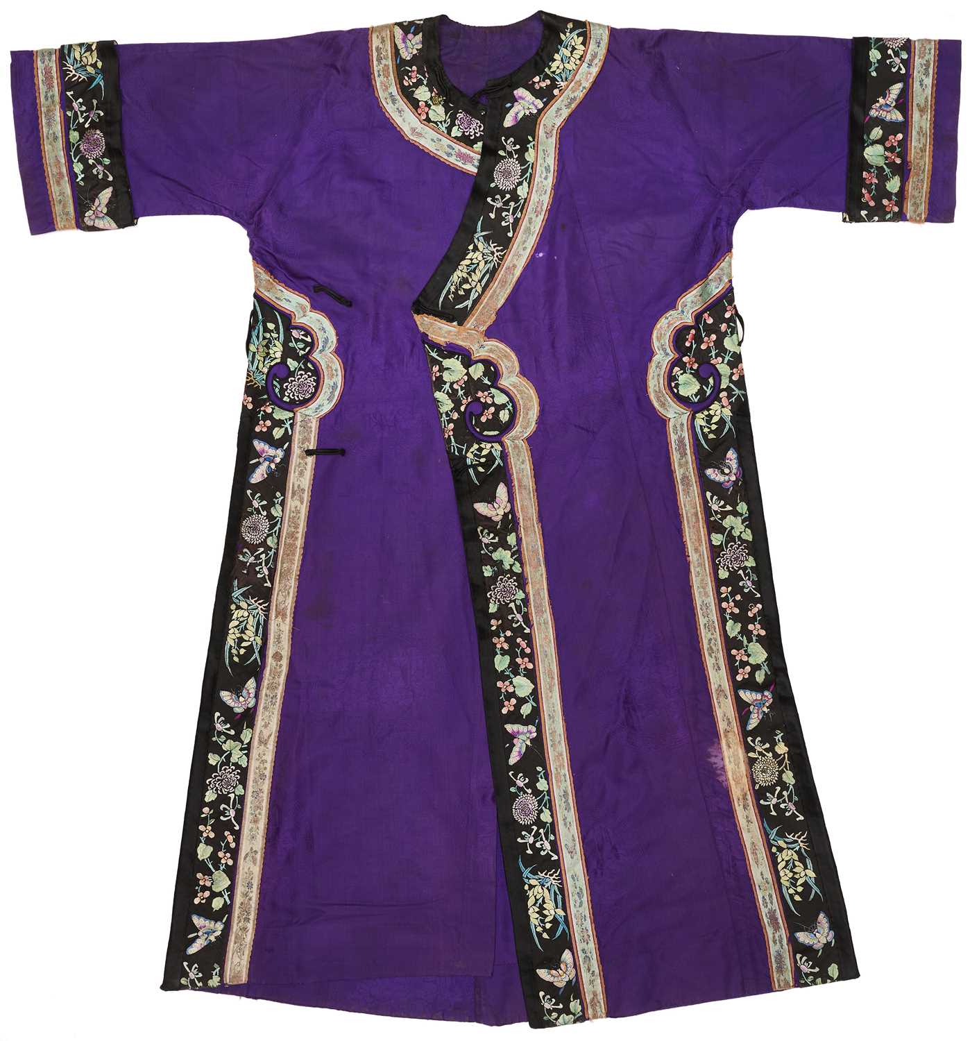 Lot 55 - A CHINESE WOMAN'S SILK EMBROIDERED PURPLE-GROUND ROBE, CHANGYI, QING DYNASTY, LATER 19TH CENTURY