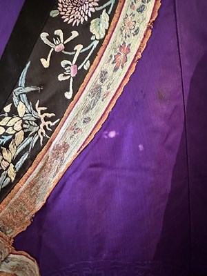 Lot 55 - A CHINESE WOMAN'S SILK EMBROIDERED PURPLE-GROUND ROBE, CHANGYI, QING DYNASTY, LATER 19TH CENTURY