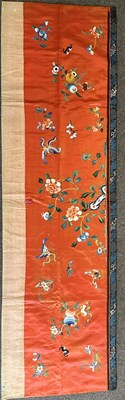 Lot 54 - TWO CHINESE RED GROUND EMBROIDERED SILK CHAIR COVERS, QING DYNASTY, 19TH CENTURY