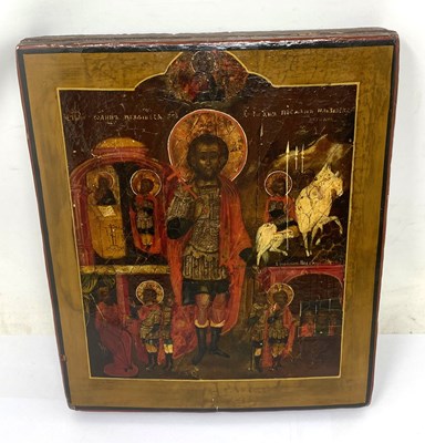 Lot 39 - AN ICON OF ST THEODORE STRATELATES AND SCENES FROM HIS LIFE, RUSSIAN, 18TH CENTURY