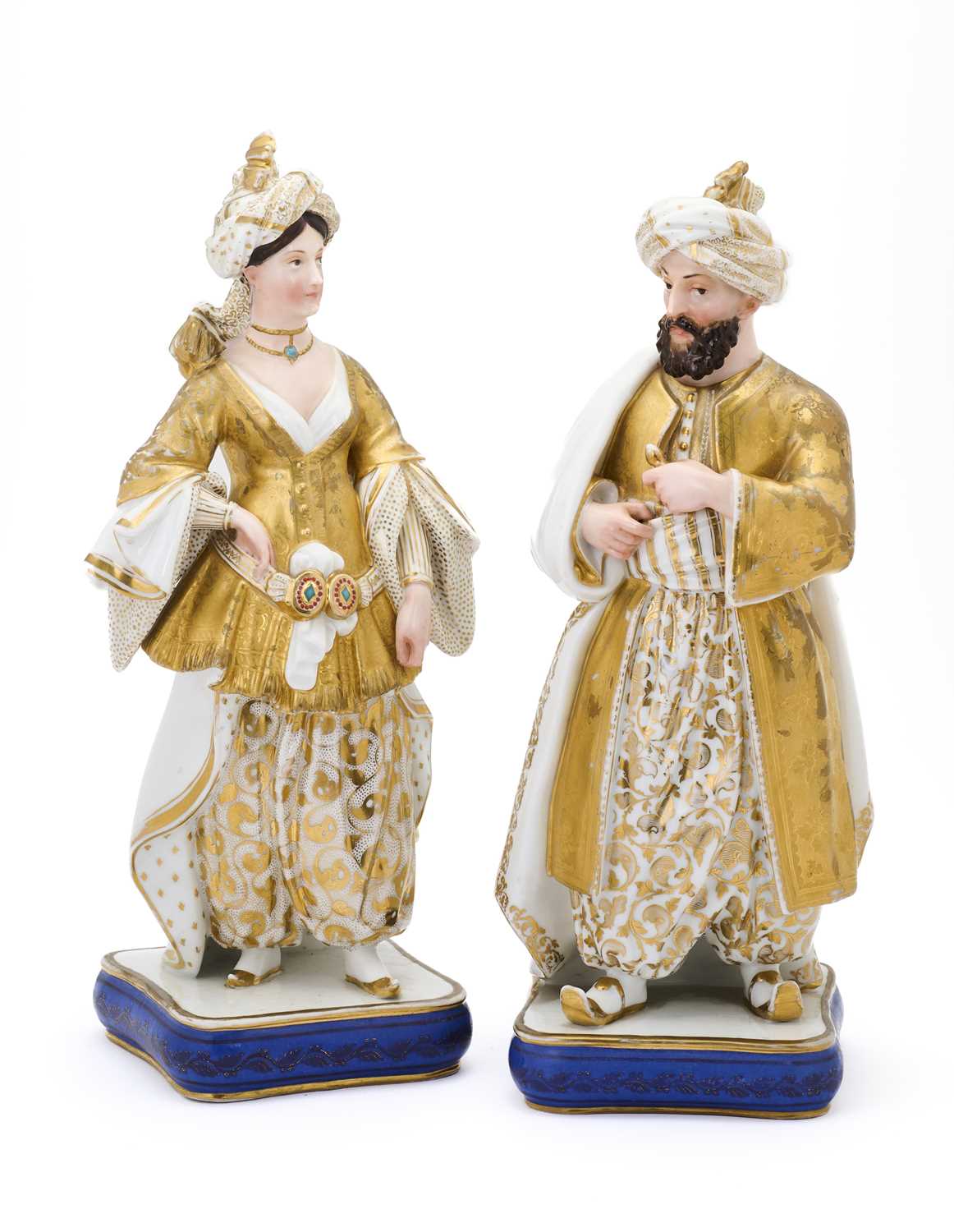 Lot 34 - A PAIR PARIS PORCELAIN 'TURQUERIE' FIGURAL FLASKS, PROBABLY JACOB PETIT, MID 19TH CENTURY