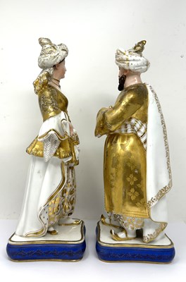 Lot 34 - A PAIR PARIS PORCELAIN 'TURQUERIE' FIGURAL FLASKS, PROBABLY JACOB PETIT, MID 19TH CENTURY