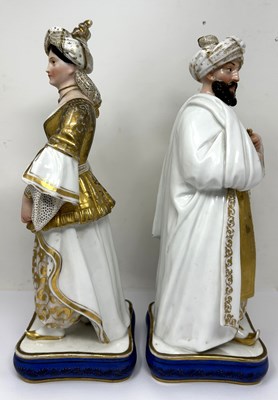 Lot 34 - A PAIR PARIS PORCELAIN 'TURQUERIE' FIGURAL FLASKS, PROBABLY JACOB PETIT, MID 19TH CENTURY