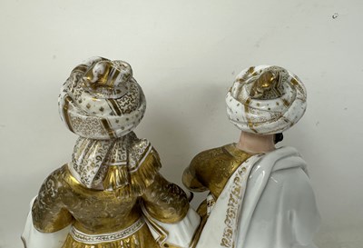 Lot 34 - A PAIR PARIS PORCELAIN 'TURQUERIE' FIGURAL FLASKS, PROBABLY JACOB PETIT, MID 19TH CENTURY